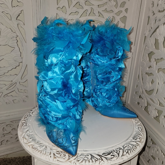 "GAIA" Turquoise Rosette Feather Crystal Ankle Boots - Picture 5 of 8